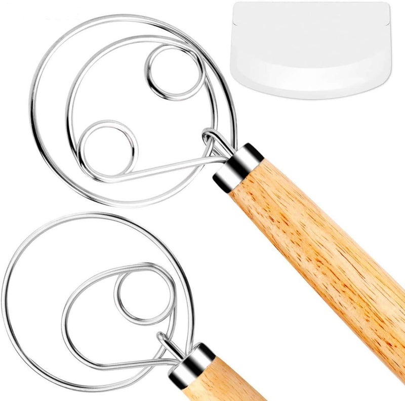 FUANRTK Danish Dough Whisk Bread Mixerï¼Œ2 Pack Premium Stainless Steel Dutch Whisk With a Dough Scraper for Bread, Pastry or Pizza Dough - Perfect Baking - Image 1